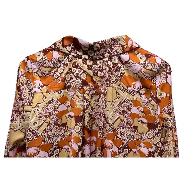 Free People Top Womens XS Satin Warm Tone Floral Print U-Neck Collared Blouse - Picture 8 of 13